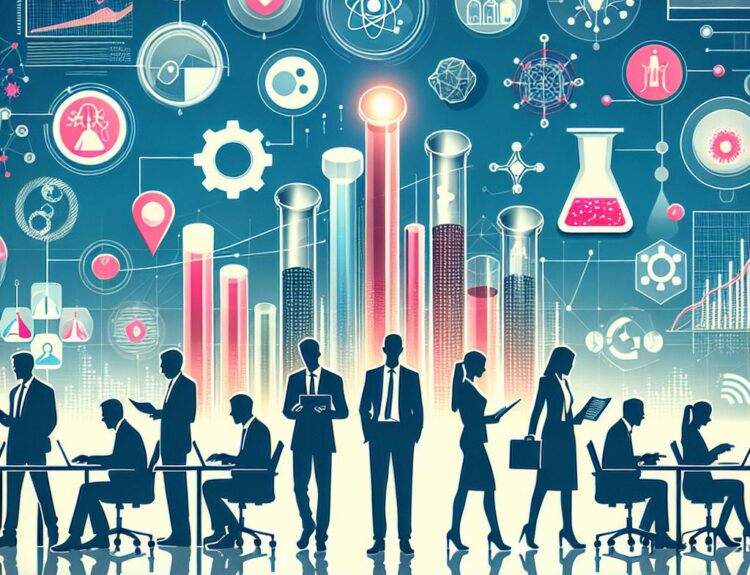 Silhouetted professionals in a futuristic office, with floating science icons and graphs overhead, suggesting collaboration and innovation.