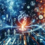 Futuristic medical lab scene with a glowing heart hologram above a circular platform and researchers in white coats exploring holographic data