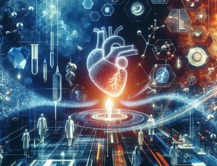 Futuristic medical lab scene with a glowing heart hologram above a circular platform and researchers in white coats exploring holographic data