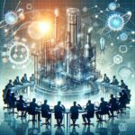 Futuristic industrial plant surrounded by a round-table conference with silhouettes discussing technology.