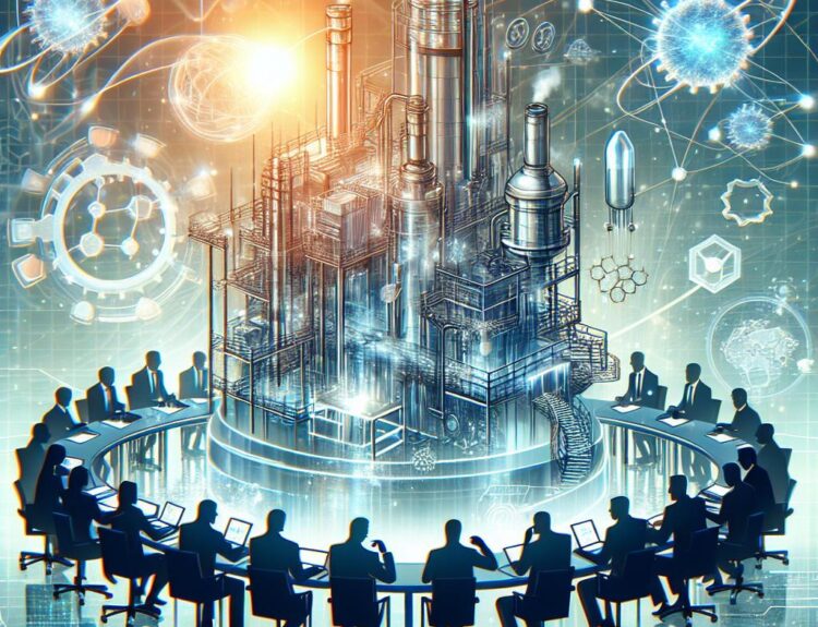 Futuristic industrial plant surrounded by a round-table conference with silhouettes discussing technology.