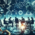 Team of professionals at a conference table with laptops, overlaid by biotech diagrams and charts illustrating collaboration.
