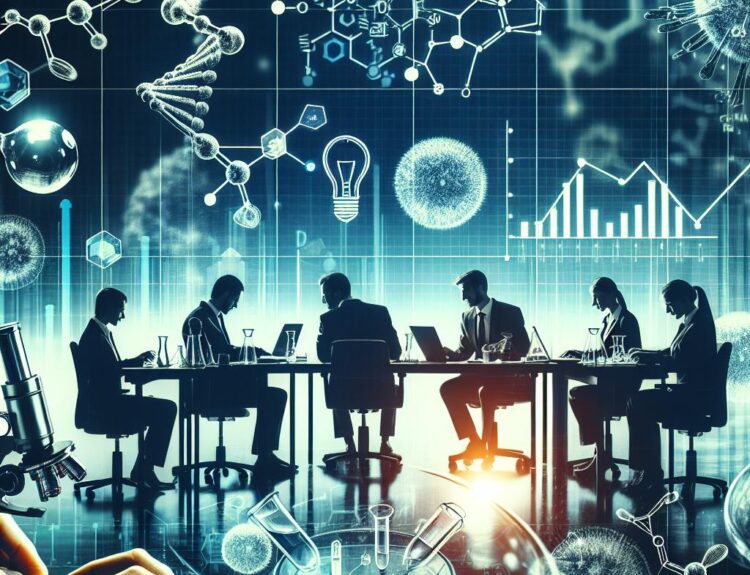 Team of professionals at a conference table with laptops, overlaid by biotech diagrams and charts illustrating collaboration.