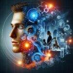 Profile of a man's head filled with glowing gears and circuitry, with a futuristic laboratory scene in the background