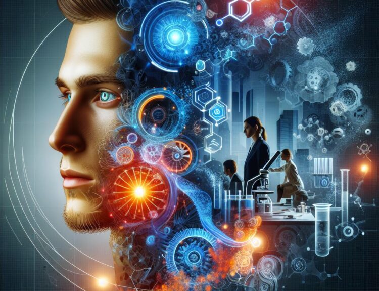 Profile of a man's head filled with glowing gears and circuitry, with a futuristic laboratory scene in the background