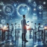 Scientist in a futuristic lab stands at a table with glassware, surrounded by holographic data displays and planetary imagery.