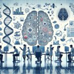 Researchers in a high-tech lab study brain science at desks with computers, a large illustrated brain mural behind them.