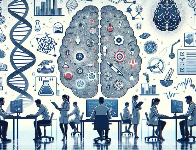 Researchers in a high-tech lab study brain science at desks with computers, a large illustrated brain mural behind them.