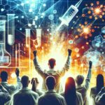 A team of scientists in white lab coats raises their arms in celebration as a high‑tech lab scene with glowing molecular graphics and a syringe appears above them, suggesting a breakthrough in science.