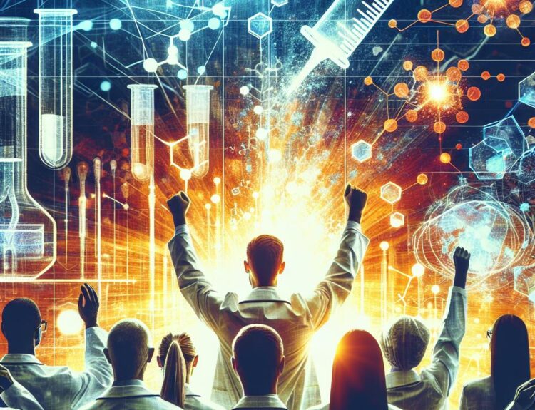 A team of scientists in white lab coats raises their arms in celebration as a high‑tech lab scene with glowing molecular graphics and a syringe appears above them, suggesting a breakthrough in science.