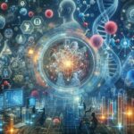 Futuristic science lab with a glowing circular atomic model at center, a DNA strand, and researchers at workstations surrounded by holographic diagrams.