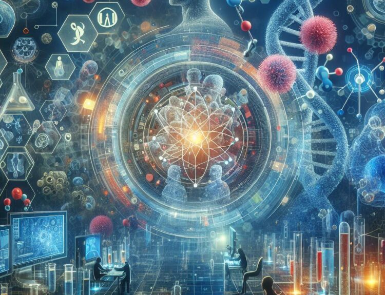 Futuristic science lab with a glowing circular atomic model at center, a DNA strand, and researchers at workstations surrounded by holographic diagrams.