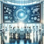 A futuristic conference room with scientists around a circular table, a large holographic display panels overhead.