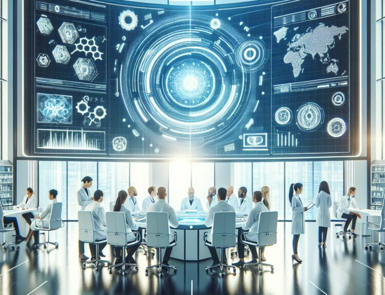 A futuristic conference room with scientists around a circular table, a large holographic display panels overhead.