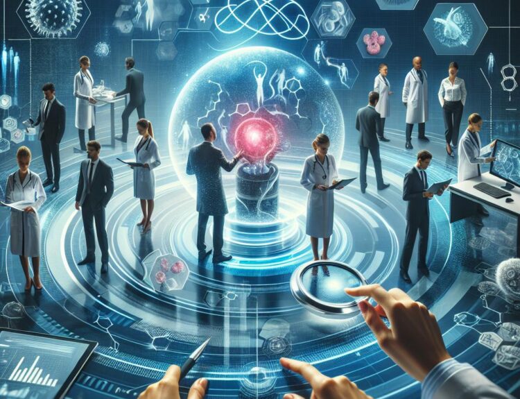 Scientists in lab coats gather around a glowing holographic globe in a high-tech medical research lab, studying data.