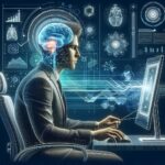 Side profile of a person in a suit working at a computer with a glowing brain hologram and digital diagrams around them.