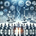Scientists in lab coats sit around a long table in a high-tech conference room, facing holographic biotech visuals and lab equipment displayed above them.