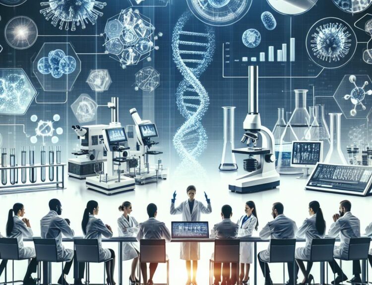Scientists in lab coats sit around a long table in a high-tech conference room, facing holographic biotech visuals and lab equipment displayed above them.