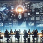 Team of professionals seated around a conference table, with a glowing light bulb and digital data visuals on a glass wall behind them.