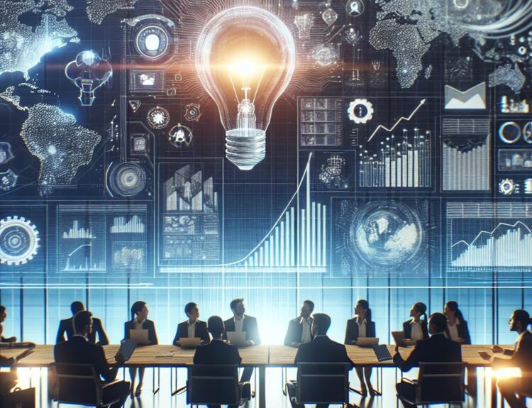 Team of professionals seated around a conference table, with a glowing light bulb and digital data visuals on a glass wall behind them.