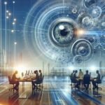 Futuristic office scene with employees at desks and a colossal holographic eye overhead, symbolizing AI and technology collaboration (cybernetic imagery).