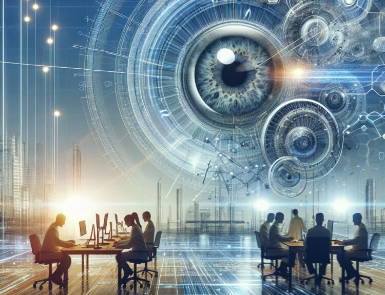 Futuristic office scene with employees at desks and a colossal holographic eye overhead, symbolizing AI and technology collaboration (cybernetic imagery).