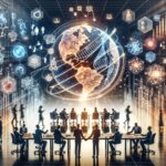 Futuristic conference room with a glowing Earth globe and holographic data; people sit at tables, two figures handshake in the foreground, symbolizing global collaboration.