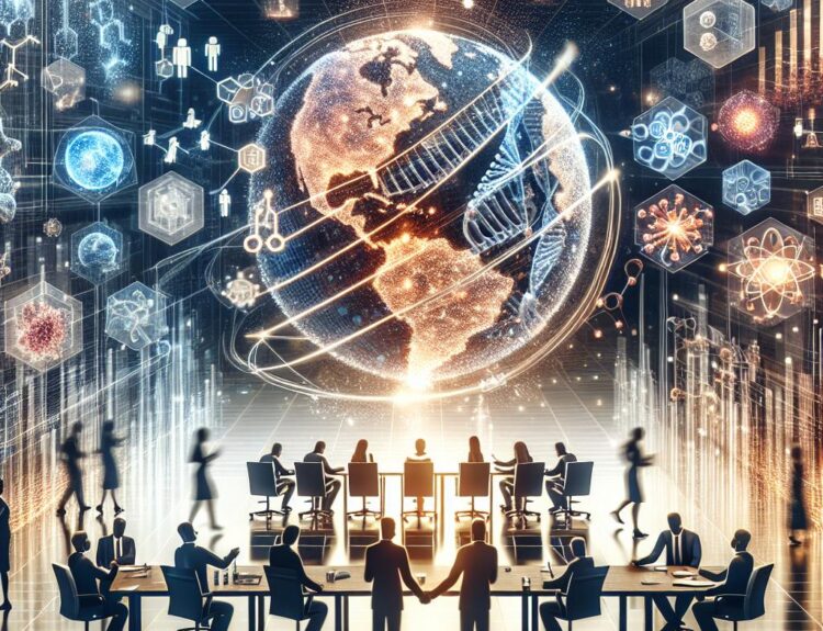 Futuristic conference room with a glowing Earth globe and holographic data; people sit at tables, two figures handshake in the foreground, symbolizing global collaboration.