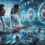 Medical researchers in a high-tech lab analyzing holographic heart models and viruses on futuristic screens and displays.