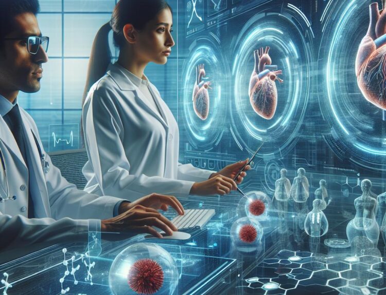 Medical researchers in a high-tech lab analyzing holographic heart models and viruses on futuristic screens and displays.