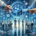 Scientists in white coats work around tables with laptops in a high-tech lab as a giant holographic brain looms above, touched by a pointing finger.