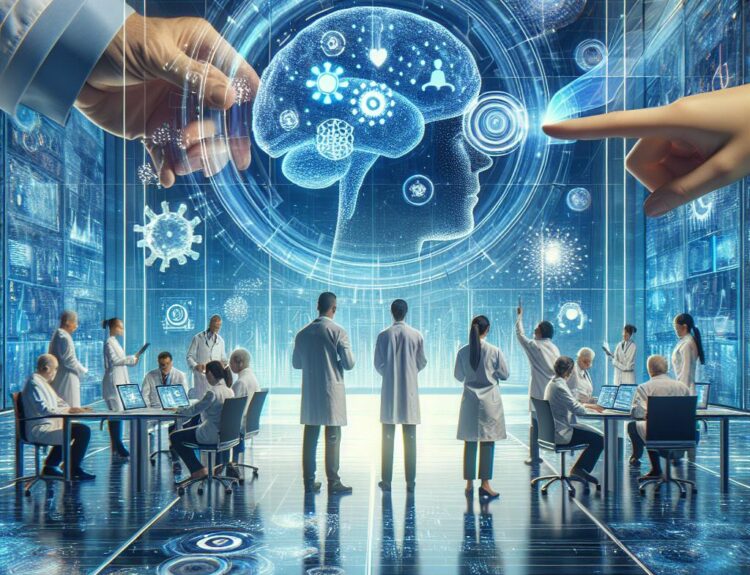 Scientists in white coats work around tables with laptops in a high-tech lab as a giant holographic brain looms above, touched by a pointing finger.