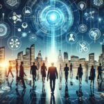 Silhouettes of businesspeople walking toward a glowing circular tech hub over a futuristic cityscape. 1