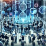Futuristic laboratory with a giant glowing DNA double helix at the center, surrounded by scientists at desks and holographic displays.