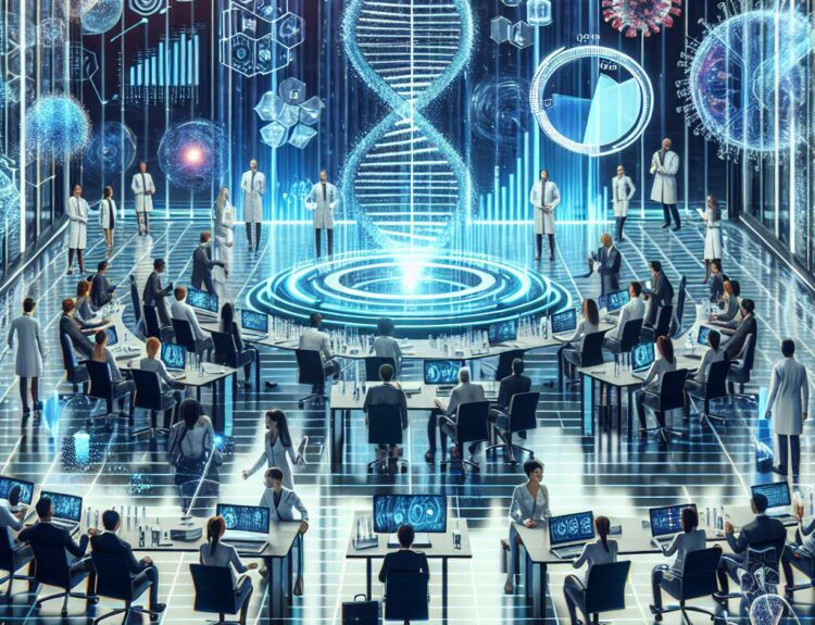 Futuristic laboratory with a giant glowing DNA double helix at the center, surrounded by scientists at desks and holographic displays.