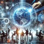 Silhouetted professionals in a futuristic meeting room, working on laptops around a glowing holographic globe with digital networks projected ahead.