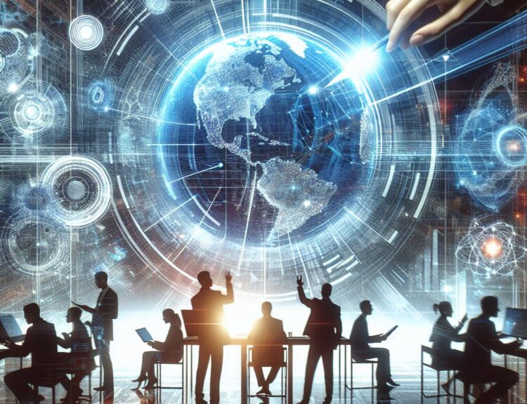 Silhouetted professionals in a futuristic meeting room, working on laptops around a glowing holographic globe with digital networks projected ahead.