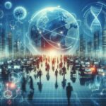 Futuristic city center with a glowing globe above a busy open-plan office, silhouettes walking toward a bright horizon.