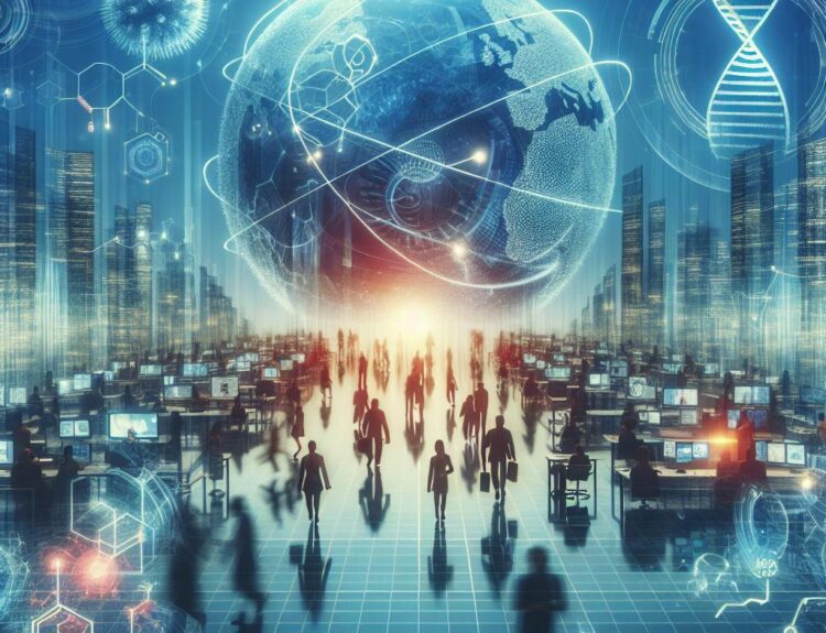 Futuristic city center with a glowing globe above a busy open-plan office, silhouettes walking toward a bright horizon.