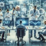 Researchers in a high-tech lab reviewing holographic brain scans and DNA visuals on large screens behind them.