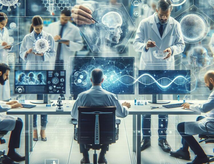 Researchers in a high-tech lab reviewing holographic brain scans and DNA visuals on large screens behind them.
