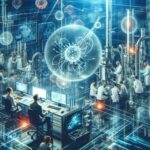 Futuristic laboratory with scientists at computer workstations and a large glowing cell-like orb in the center amid glass and metal machinery.