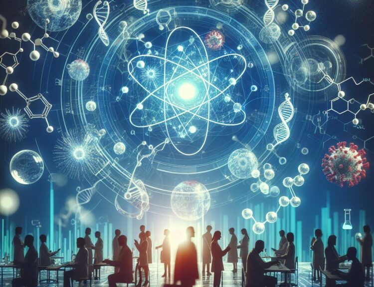 Futuristic research lab with silhouetted researchers at computers beneath a glowing atomic model and DNA strands, symbolizing scientific collaboration.