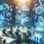 Scientists in white coats study samples at a long table in a futuristic biotech lab with holographic data displays and DNA graphics in the background