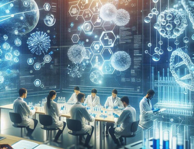 Scientists in white coats study samples at a long table in a futuristic biotech lab with holographic data displays and DNA graphics in the background