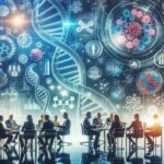 Business meeting with professionals around a table, laptops open, while a huge DNA double helix and scientific graphics loom in the background.