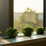 Row of green succulent plants on a sunlit windowsill with blurred outdoors beyond the glass.