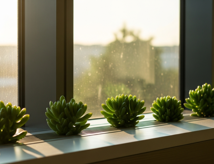 Row of green succulent plants on a sunlit windowsill with blurred outdoors beyond the glass.