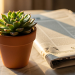 Small succulent in an orange pot sits on a marble table next to a folded newspaper.
