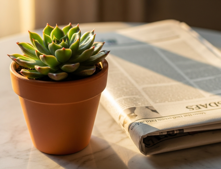 Small succulent in an orange pot sits on a marble table next to a folded newspaper.